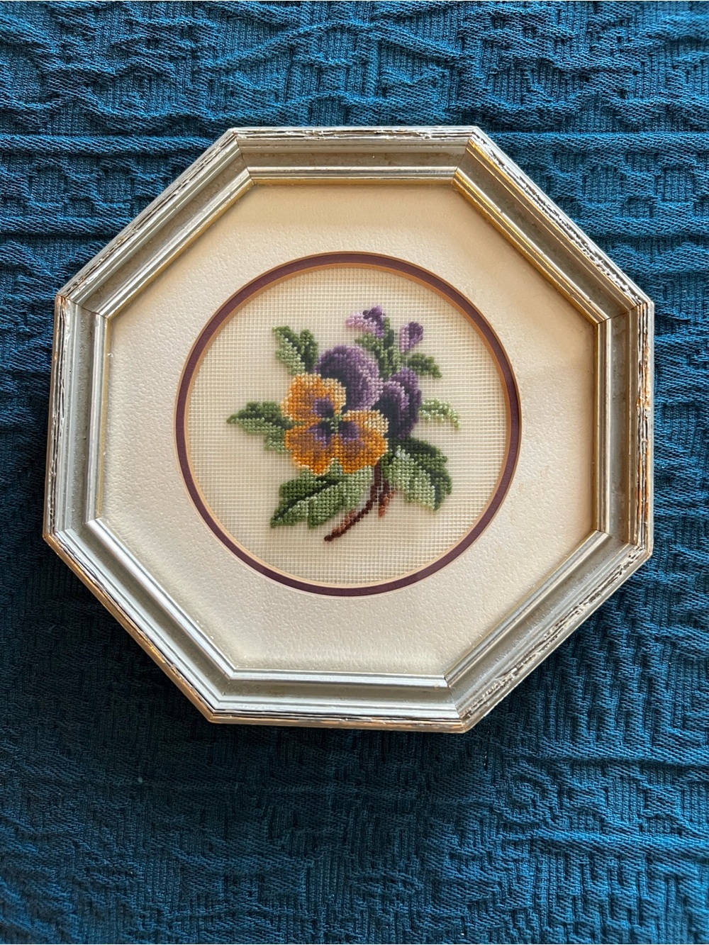 Vintage Antique Artisan Octagonal Framed Needlepoint Stitch Pansy Floral Art